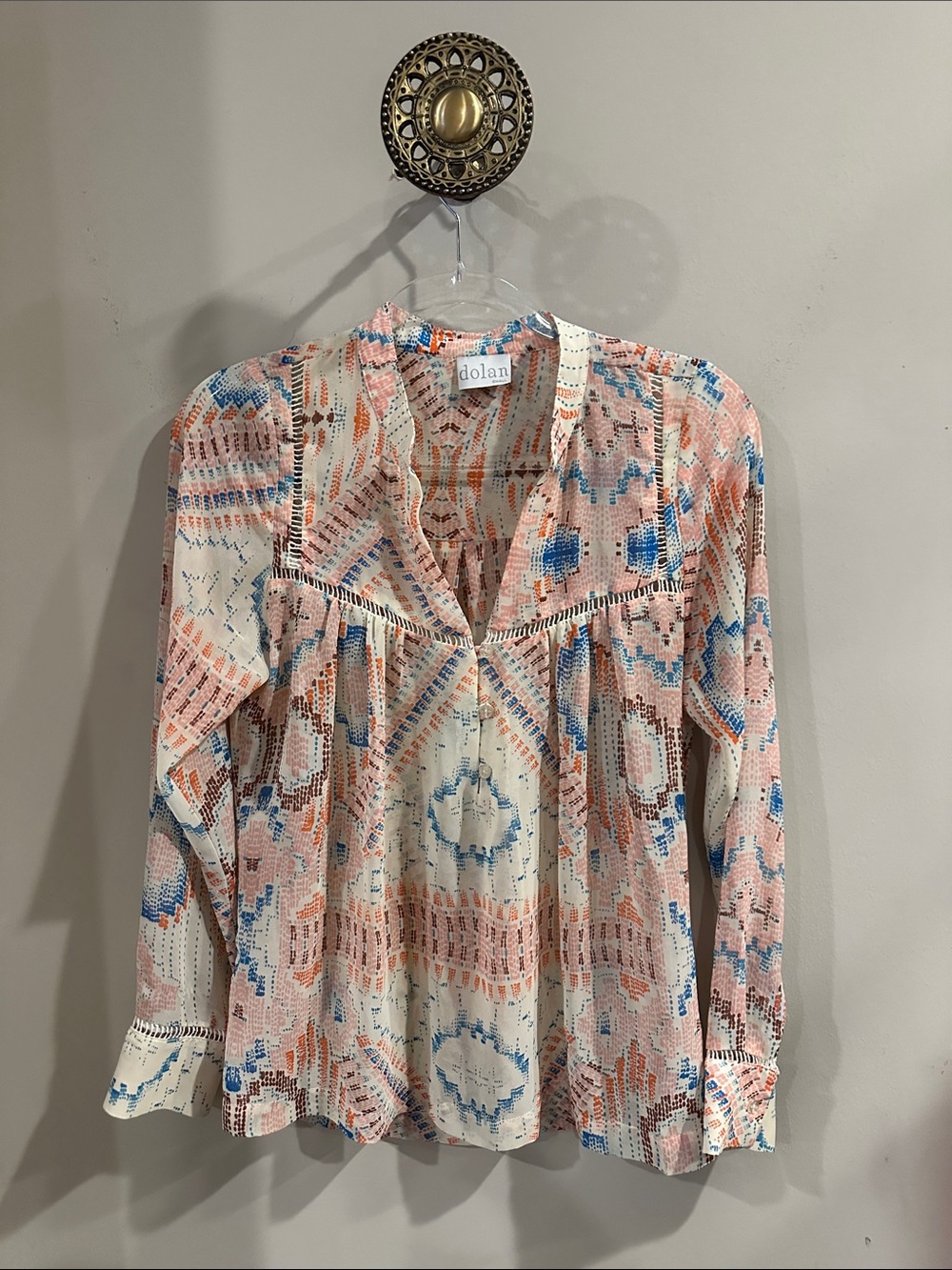 dolan Anthropology Cream Blouse with Pink & Blue Geometric Print